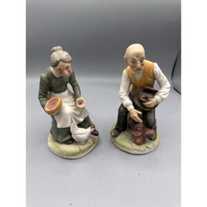 Vintage Elderly Man Woman Figurines Farm Scene Chicken Squirrel Pair 7”